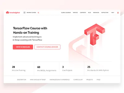 Tensorflow branding classroomtraining contemporary corporatecourse coursepage detailpage flatdesign handson isometric kabilansa knowledgehut landingpage schedule tensorflow training ui website