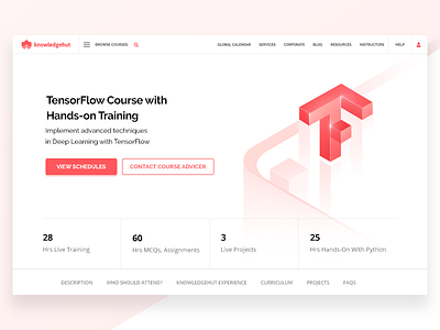 Tensorflow branding classroomtraining contemporary corporatecourse coursepage detailpage flatdesign handson isometric kabilansa knowledgehut landingpage schedule tensorflow training ui website