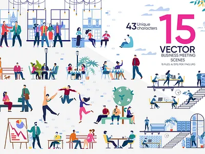 Business Meeting Scenes Collection business businessman character colleagues communication conference design flat group illustration manager meeting office people presentation seminar talk training vector woman