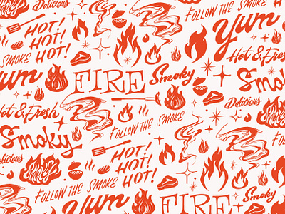 Pattern branding fire illustration lettering restaurant smoke