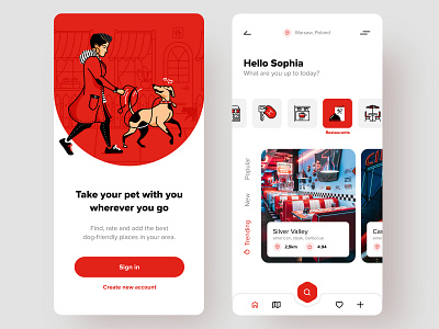 Pet-friendly places app application design dog dogs drawing fireart fireart studio icons illustration mobile mobile ui pet ui ui design ux