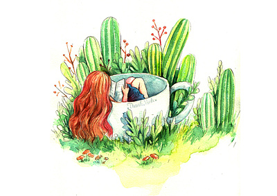 Dream Land 3 alone catus color dreamland fairytale girl illustration reading thanhxinh tree watercolorpainting