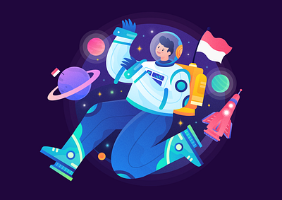 74th Indonesia Independence Day astronaut character character illustration colorful flag gradient header header illustration homepage illustration indonesia landing page planet procreate rocket space star vector web