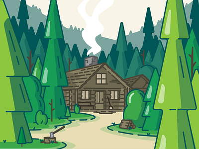 Cool Spring Afternoon cabin cabins camping forest illustration landscape linework pine tree pines trees woods