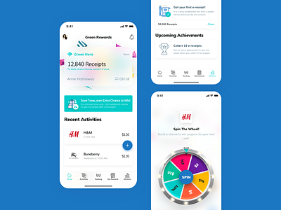 Green Rewards App Home and Concept Design app blue branding clean concept design explore gift gift card home illustration lucent minimal navigation reward simple slick spin the wheel ui ux