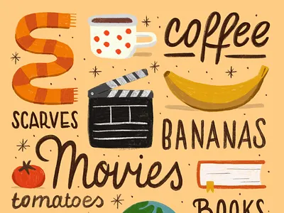 My Things apple pencil autumn banana book coffee collection digital art director drawing fall illustration ipad lettering movie mug procreate scarf things tomato travel