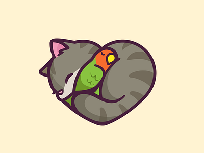 Cat & Bird cartoon sleep rest resting cat bird logo character animal nap illustration cute mascot kittie sleeping parrot pet love heart