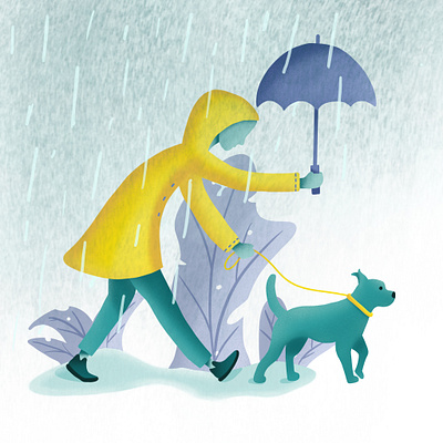 Girl And Her Pup design dog girl green illustration leaves puppy purple rain rain jacket rainy day umbrella woman yellow