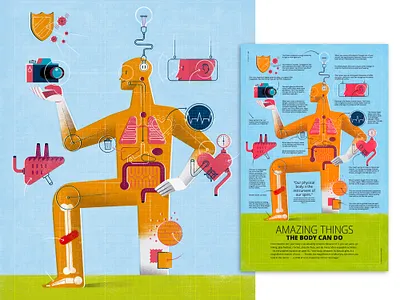 Full-Page Illustration: 'Amazing Things The Body Can Do' digital illustration editorial illustration freelance illustrator human body illozoo