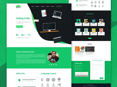MubeenDroid - Dev portfolio website android landing app app landing page branding dailyui design developer portfolio illustration landing design landing page mubeen droid portfolio website programming illustration ui ux design uidesign ux website concept