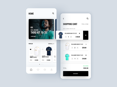 Real Madrid E-Commerce App Part 2 app colors concept app design designer ecommerce ecommerce app ecommerce design ecommerce shop españa home madrid marcelo real madrid shopping bag shopping cart sketch spain ui ux