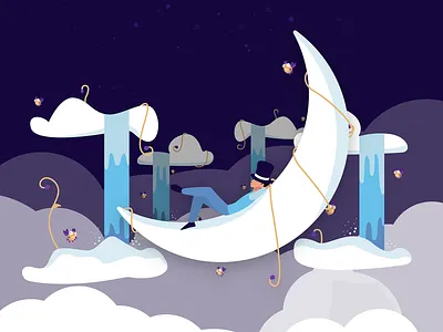 High blue clouds dark design high illustration illustrator magic minimal mobile moon night relax serene simple sky spacce vector waterfall