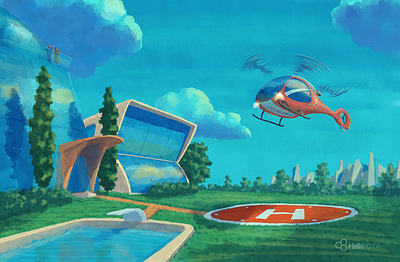 IOTA Helicopter Landing aircraft building cryptocurrency digital art helicopter horizon illustration iota landing landscape photoshop sci fi sky