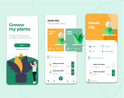 Plants care App - Groww my plants app app design dailyui design challenge green minimal app design mobile mobile app mobile app design mobile design mobile ui orange plant plant app plants uiux