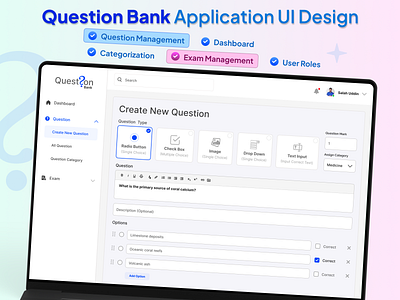 Question Bank Application UI Design application ui design categorization charts create dashboard delete download edit exam exam bank exam management export graph reports table ui ui ux design user centered user roles