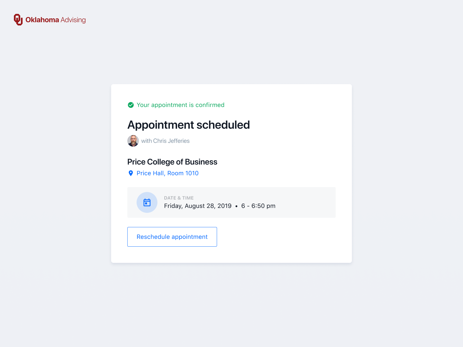 Example of Appointment Card