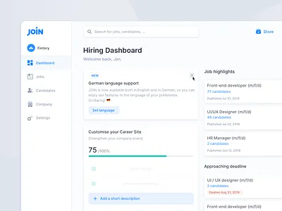 Hiring & Job Ad Platform – Dashboard board clean dashboard graphs hiring joblisting light minimal modern screendesign ui ux webapp website