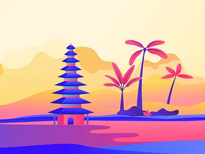Rise app bali clouds design gobelins illustration interactive orange palmtree pink sea sunrise sunset temple