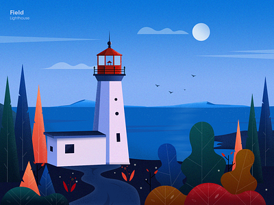 Field blue cloud field illustration lighthouse moon night scenery trees