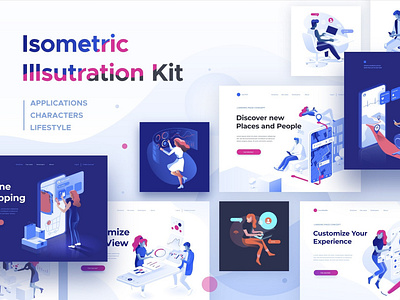 Isometric illustration kit - People chat feed form material message mobile ui profile sign sign in signup social ui ui kit