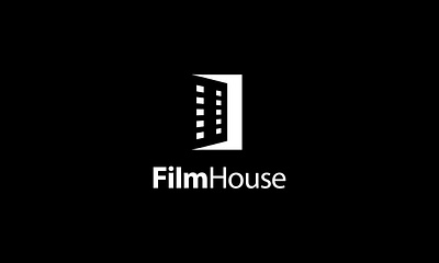 FILM HOUSE concept design door film film strip home house icon illustration isolated logo movie negative space logo sign symbol