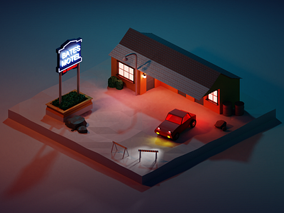 Bates Motel 3d 3d art 3d illustration art bates motel building bush hotel illustration isometric isometric art isometric design lighting motel render rocks show sign travel tv