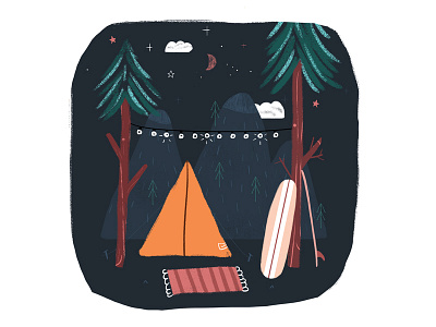 Nights camp camping evening illustration moon mountains night pine tree scenery stars surf surfboard tent trees