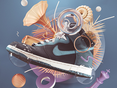 playground. 3d 3dart abstract bubbles cgi chess colorful digitalart gold illustration king music nike nike air render shapes sneakers vinyl