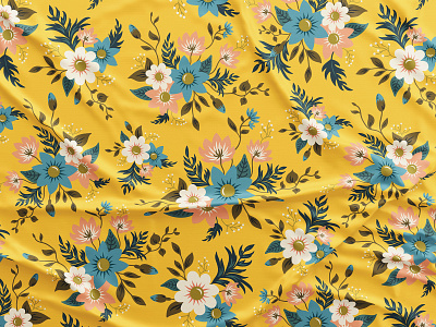 Floral Yellow Pattern blue botanical digital illustration fabric flat floral flowers illustration mockup pattern spring textile vector yellow