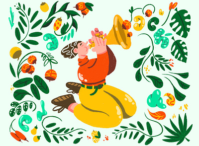 Enjoying the sound! character character design design designs flat flowers illustration plants product trumpet ui vector website