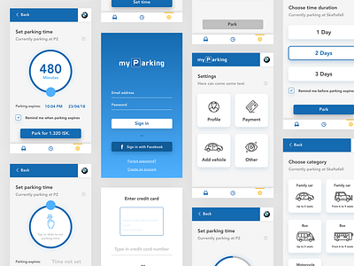 Parking app screens android app app design bus button car driving icon illustration ios native navigation parking signin slider touch uiux web design