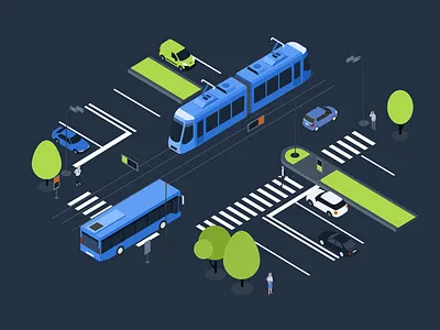 Crossroad bus car cctv crossroads isometric road traffic traffic light tram
