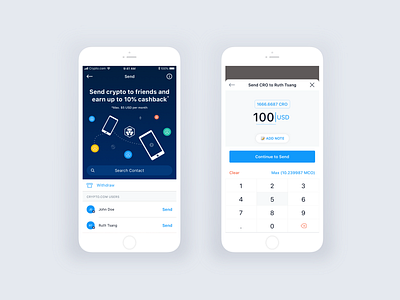 Crypto.com: Send crypto to friends app contact crypto cryptocurrency interface ios mobile p2p payment product send ui ux wallet