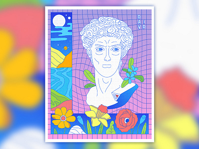 Daydream in Blue 2d 3d bust concept david statue design floral flowers halftone illustration landscape outline person print design retro statue vaporwave vector vector illustration vibrant