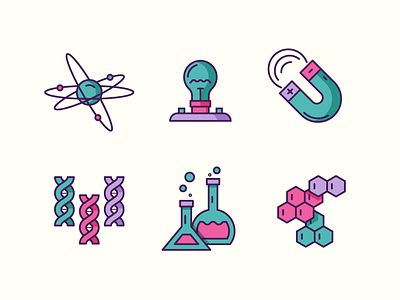 Science Icons 1 2d atom biology chemistry dna electricity flat icon icon design illustration illustrator light bulb line icon logo magnet mathematics physics science ui ux