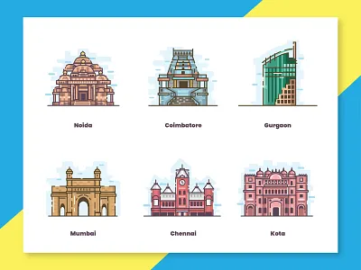 Indian cities buildings chennai cities city city illustration coimbatore design gateway gurgaon illustration india kotak mumbai noida places product railway south indian ui vector