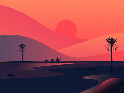 Journey camel caravan colors desert designer dune fireart studio illustration journey landscape nomad oasis orange red sand sun sunrise sunset sunshine traveling