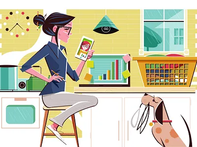 Working From Home design dog illustration editorial illustration kitchen