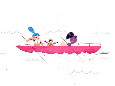 Rowing team boat canoe character illustration kayak ocean pond river rower rowing swim swimming water waves