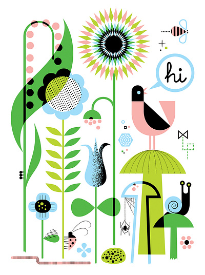 Springtime birds bugs childrens illustration design flowers illustration kids art nature summer vector