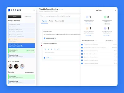 Tasks in Docket brand calendar events meetings product tasks ui user interface