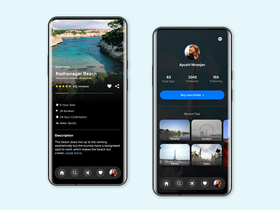 Travel App UI app branding dark theme description design icon profile page typography ui ux