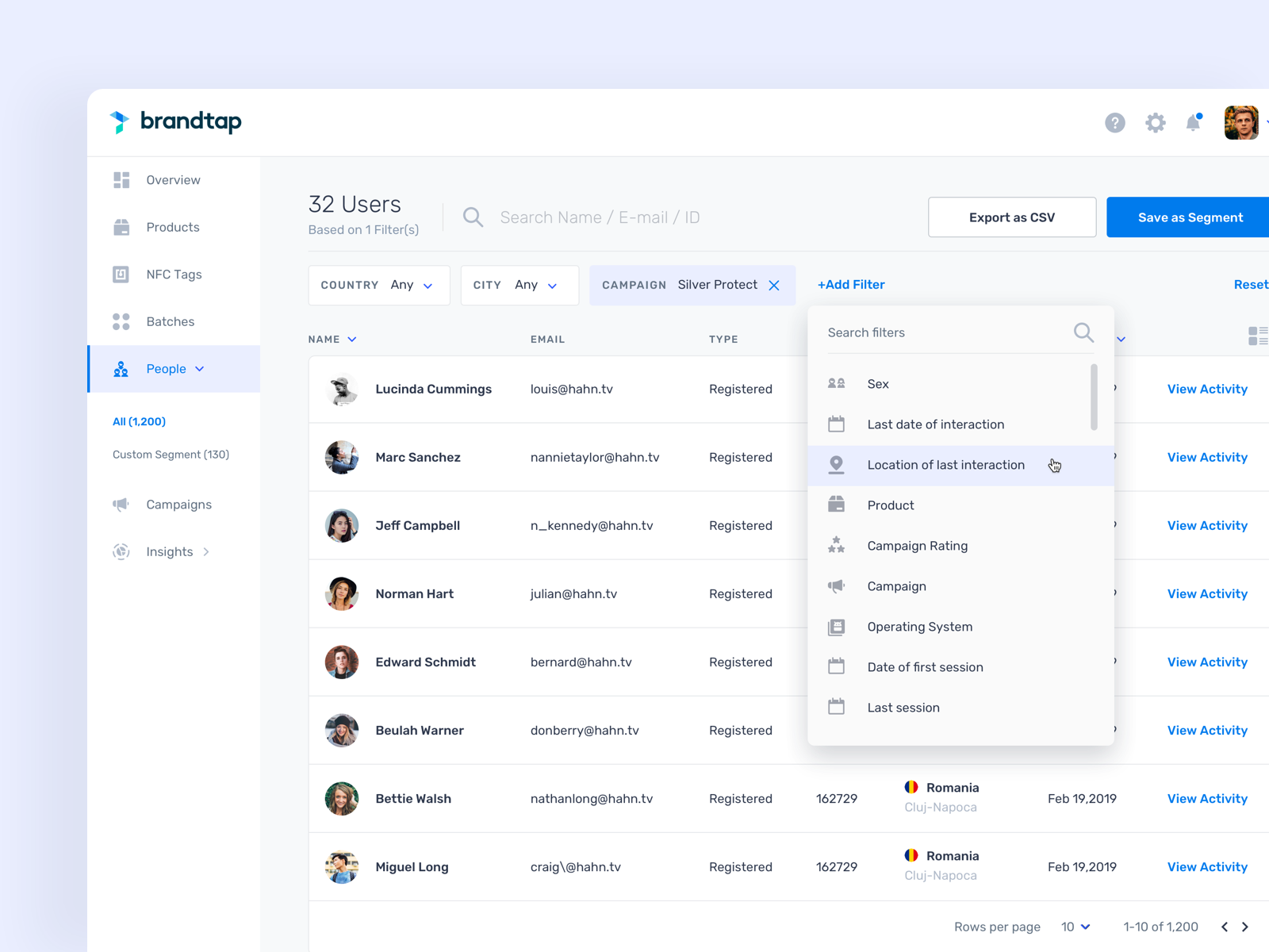 Example of User List Filtering & Segmentation