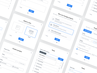 Onboarding Screens — Time Tracking Application blue card create project design graphic grey icon illustration minimal model onboarding screen task timetracking typography ui ux web