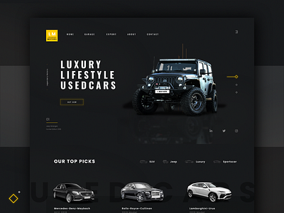 Pre Owned Cars car car collection cars dark dark mode dark theme dark ui filters interface lamborghini landing page lifestyle luxury mercedes pre owned theme top pick used car website design