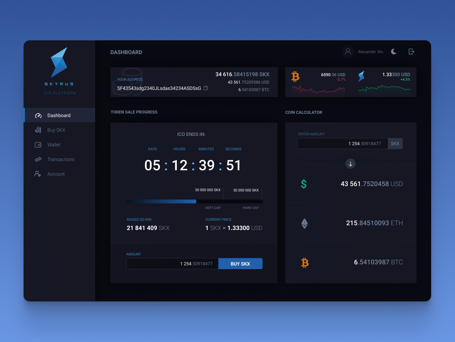 Skyrus ICO Dashboard - Dark Mode bitcoin crypto crypto app crypto trading crypto ux cryptocurrency cryptocurrency trading cryptocurrency wallet design finance fintech ico token tokens trading ui ux ux design