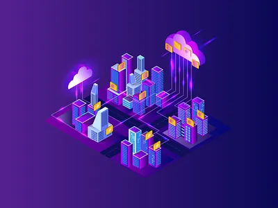 city cloud 01 business character cloud computing consept email design flat design futuristic illustrate illustration isometric landing page landing page design lighting modern server smart city tecnology urban art violet web design