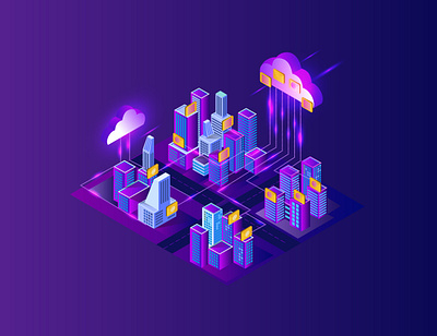 city cloud 01 business character cloud computing consept email design flat design futuristic illustrate illustration isometric landing page landing page design lighting modern server smart city tecnology urban art violet web design