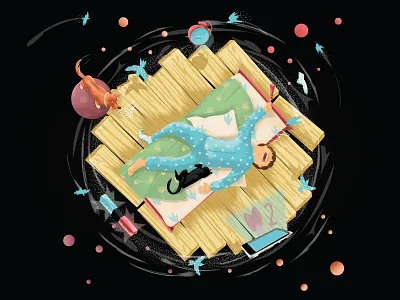 I sleep like everyonе bed birds cat character dog illustration man night pillow sleep sleeping space