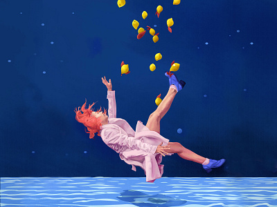 I woke up adult color dream falling fashion girl growing up hair illustration lemon nightlife nightmare painting portrait sea sky style swim water waves